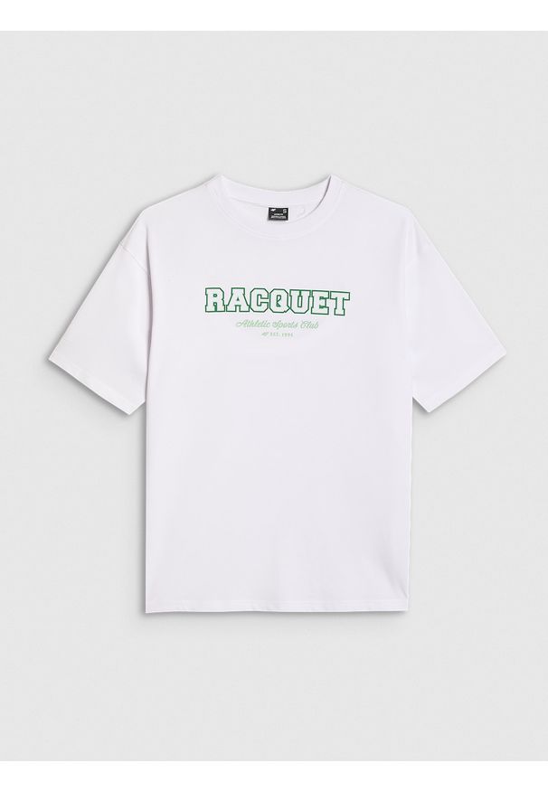 4f - 4F T-shirt oversize z nadrukiem damski - biały XL. Okazja: na co dzień. Kolor: biały. Materiał: bawełna, jersey, materiał, dzianina. Długość rękawa: krótki rękaw. Długość: krótkie. Wzór: nadruk. Styl: klasyczny, sportowy, casual