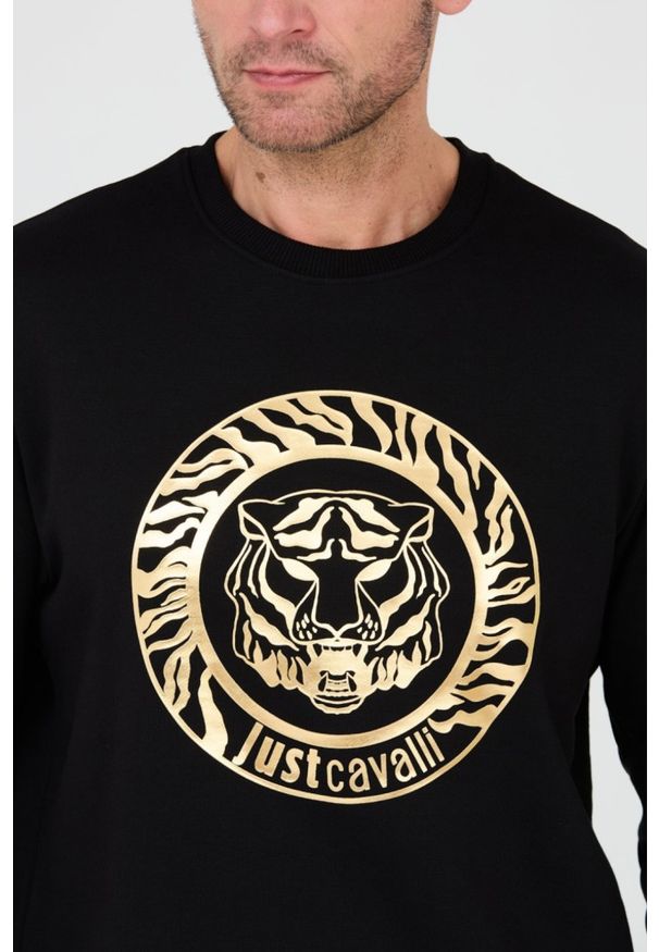 Just Cavalli - JUST CAVALLI Czarna męska bluza T-round Gold, Rozmiar M. Kolor: czarny. Wzór: nadruk