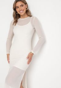 Born2be - Jasnobeżowa Sukienka Siateczkowa w Prążki z Wiskozą Niniria. Okazja: na co dzień. Kolor: beżowy. Materiał: wiskoza. Długość rękawa: na ramiączkach. Wzór: prążki. Typ sukienki: proste. Styl: casual, elegancki #4