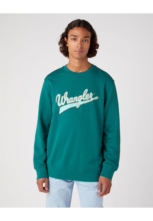 Wrangler - WRANGLER CREW NECK MĘSKA BLUZA BEZ KAPTURA LOGO CIEPŁA BAYBERRY GREEN W6H0I3G26 112331914. Typ kołnierza: bez kaptura