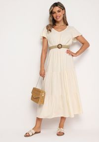 Born2be - Jasnobeżowa Sukienka z Wiskozy o Rozkloszowanym Kroju Folky. Okazja: na co dzień. Typ kołnierza: dekolt w kształcie V. Kolor: beżowy. Materiał: wiskoza. Styl: casual, elegancki #4