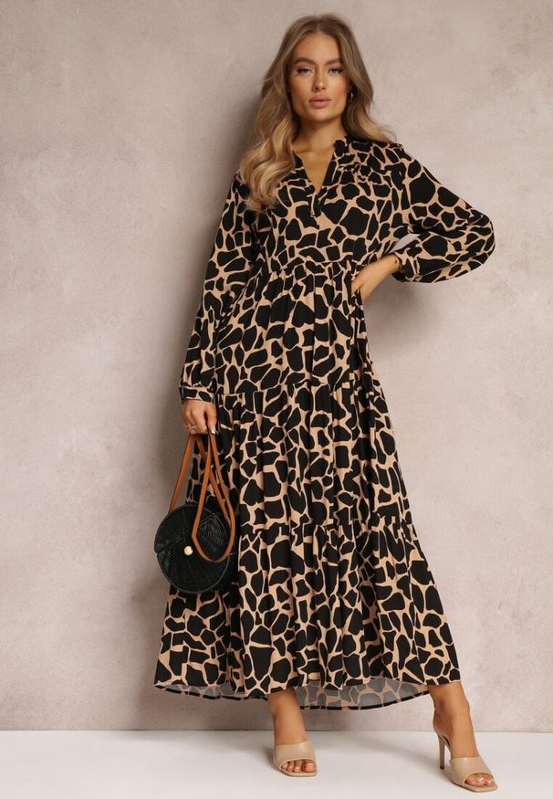 Renee - Czarno-Beżowa Sukienka Metestra. Kolor: beżowy. Długość rękawa: długi rękaw. Wzór: nadruk. Styl: klasyczny