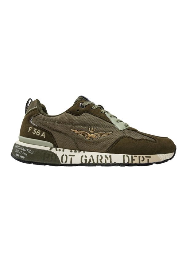 Aeronautica Militare - AERONAUTICA MILITARE Zielone męskie sneakersy F-35A. Kolor: zielony. Materiał: zamsz, tkanina. Wzór: napisy, moro, haft