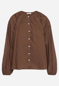 Born2be - Brązowa Marszczona Koszula Bawełniana w Stylu Retro z Biżuteryjnymi Guzikami Zenorae. Okazja: na co dzień. Typ kołnierza: bez kołnierzyka. Kolor: brązowy. Materiał: bawełna. Długość rękawa: długi rękaw. Długość: długie. Wzór: aplikacja. Styl: retro #4