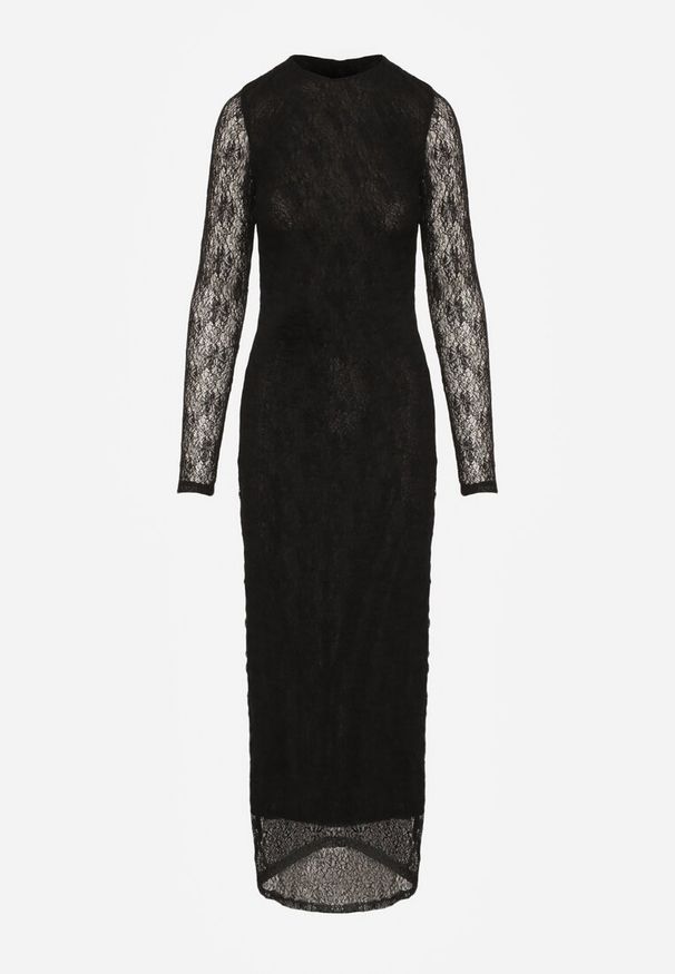 Renee - Czarna Koronkowa Sukienka Typu Longsleeve o Dopasowanym Kroju Zenoresa. Kolor: czarny. Materiał: koronka. Długość rękawa: długi rękaw. Typ sukienki: oversize. Styl: elegancki