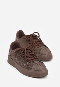 Renee - Brązowe Cyrkoniowe Sneakersy Zdobione Marszczeniem na Nosku Westafera. Kolor: brązowy. Wzór: aplikacja #4