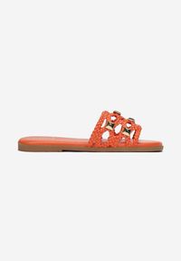 Renee - Pomarańczowe Klapki Argobe. Nosek buta: otwarty. Kolor: pomarańczowy. Materiał: jeans. Wzór: paski, jednolity, geometria. Obcas: na płaskiej podeszwie