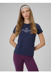 4f - 4F T-shirt regular z nadrukiem damski - granatowy L. Okazja: na co dzień. Kolor: niebieski. Materiał: dzianina, bawełna, materiał. Wzór: nadruk. Styl: klasyczny, casual #1