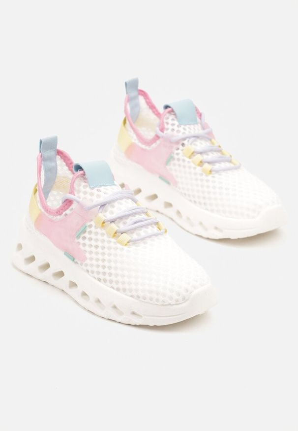 Renee - Biało-Różowe Buty Sportowe Sneakersy Siateczkowe na Tłoczonej Platformie Lurilia. Okazja: na co dzień. Kolor: biały. Materiał: jeans. Obcas: na platformie