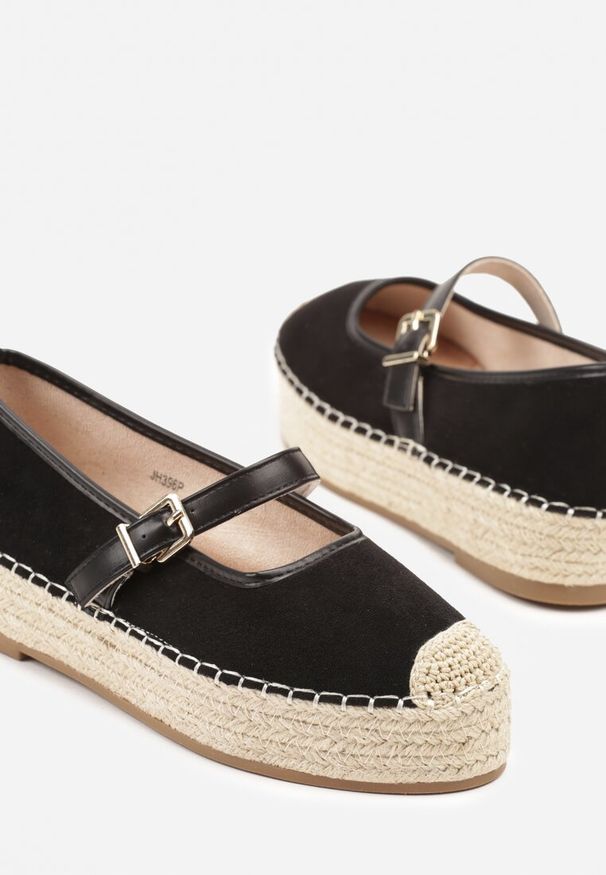 Born2be - Czarne Espadryle Ozdobione Paskiem i Plecionką Fevandre. Okazja: na co dzień. Zapięcie: pasek. Kolor: czarny. Wzór: aplikacja. Sezon: lato, wiosna. Styl: casual, elegancki