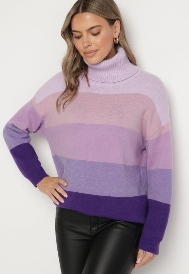 Born2be - Fioletowy Golf Klasyczny Zimowy Sweter z Kaszmirem Aziena. Okazja: na co dzień. Typ kołnierza: golf. Kolor: fioletowy. Materiał: kaszmir. Długość rękawa: długi rękaw. Długość: długie. Sezon: zima. Styl: klasyczny