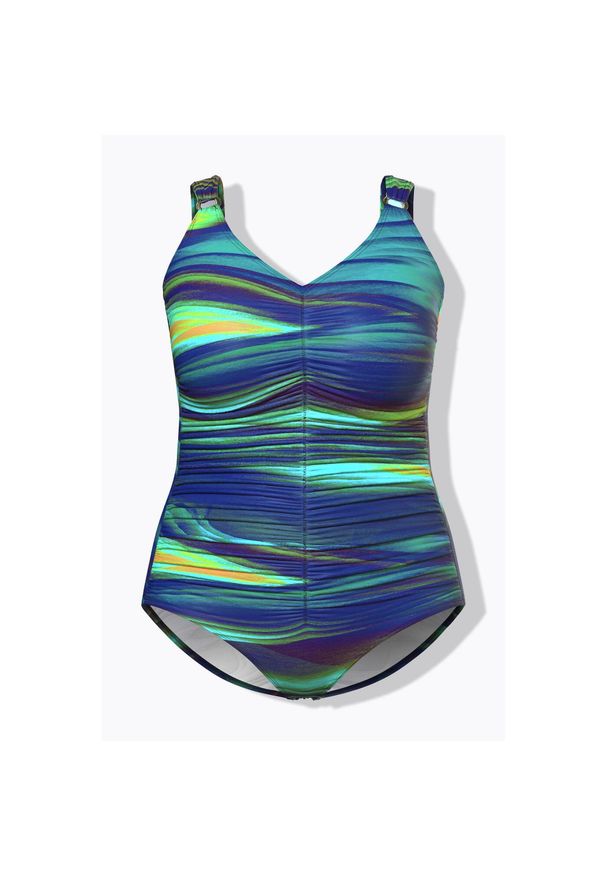 ULLA POPKEN - Damski Kostium kąpielowy marszczenie miękkie miseczki. Kolekcja: plus size. Kolor: niebieski. Materiał: poliester, elastan, poliamid, materiał