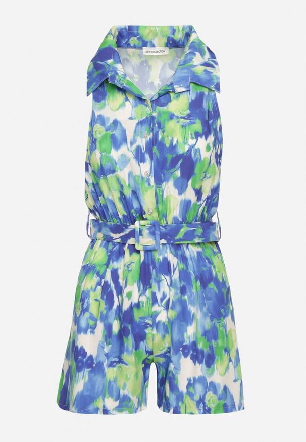 Born2be - Granatowy Wiskozowy Kombinezon o Koszulowym Kroju Bez Rękawów z Paskiem Tolivia. Okazja: na co dzień. Kolor: niebieski. Materiał: wiskoza. Długość rękawa: bez rękawów. Długość: krótkie. Styl: casual, elegancki