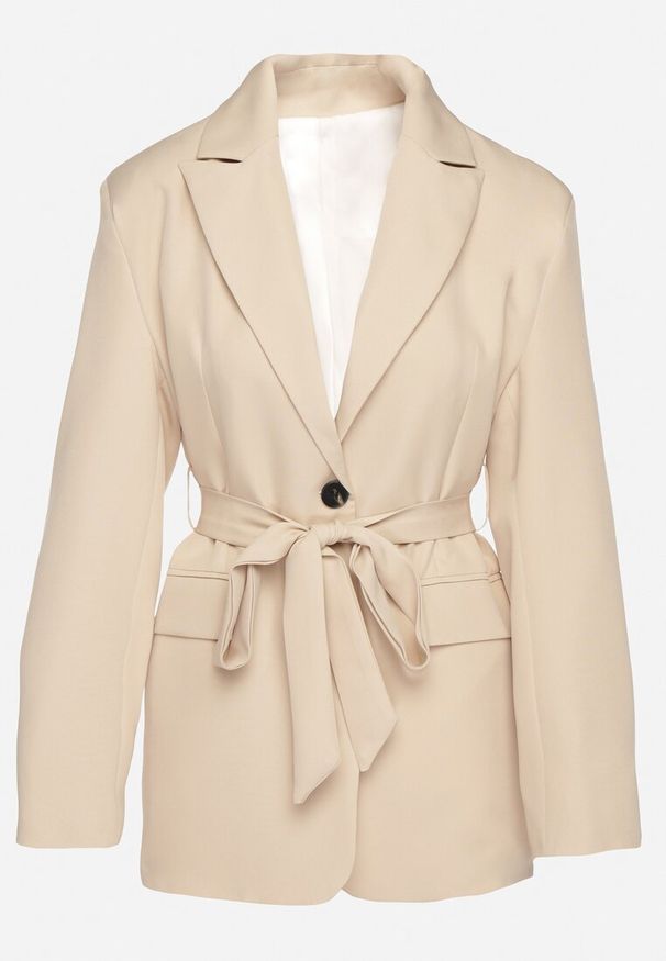 Born2be - Beżowa Taliowana Marynarka o Jednorzędowym Kroju z Wiązanym Paskiem Davililsa. Okazja: na co dzień. Kolor: beżowy. Materiał: jeans. Styl: casual, elegancki