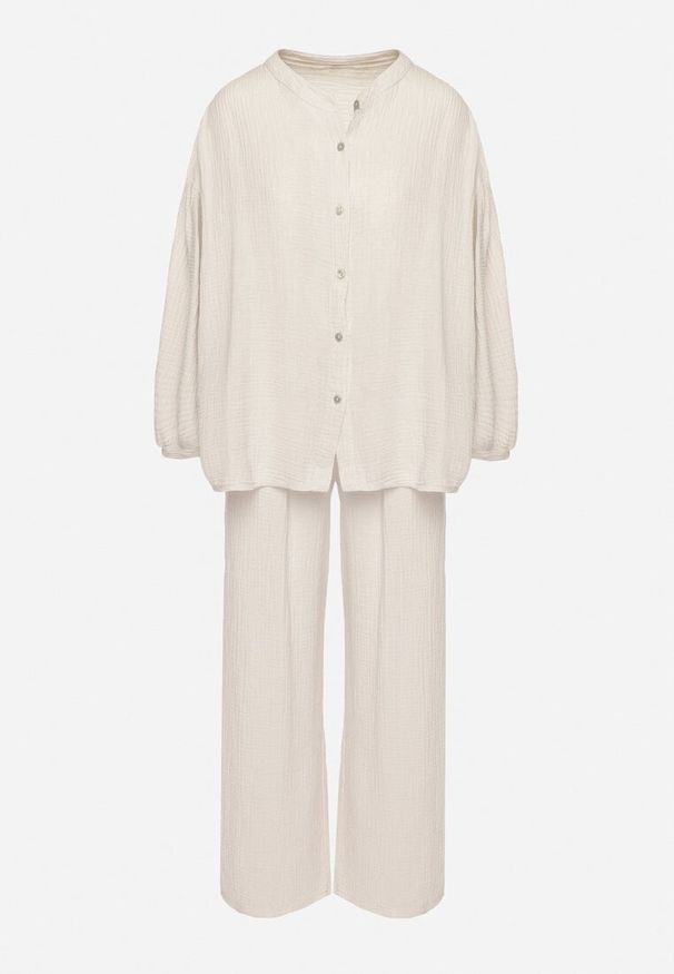 Born2be - Beżowy Muślinowy Komplet z Bawełny o Kroju Oversize Koszula i Szerokie Spodnie Ziselia. Kolor: beżowy. Materiał: bawełna. Wzór: aplikacja