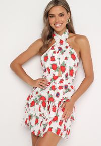 Born2be - Biała Sukienka Wiązana na Szyi w Kwiatowy Print z Falbankami Virivia. Typ kołnierza: kołnierz z falbankami. Kolor: biały. Materiał: jeans. Wzór: kwiaty, nadruk. Styl: elegancki #4