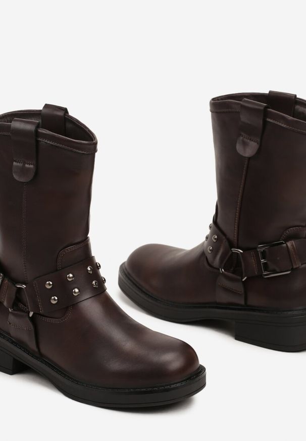 Born2be - Brązowe Botki w Motocyklowym Stylu na Płaskiej Podeszwie Tinra. Okazja: na co dzień. Kolor: brązowy. Materiał: jeans. Obcas: na płaskiej podeszwie. Styl: elegancki, casual. Wysokość obcasa: niski