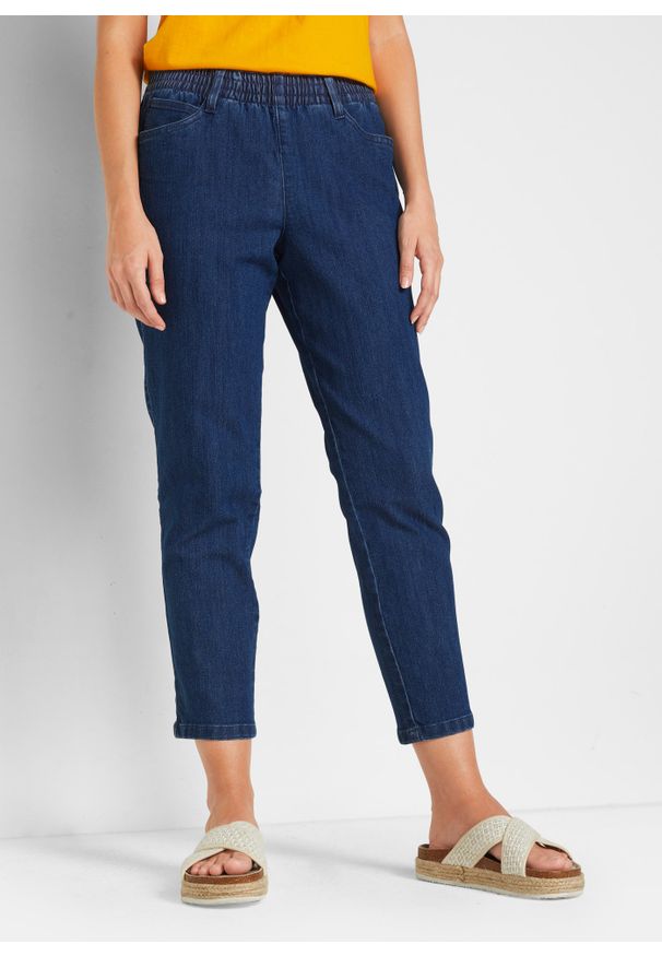bonprix - Spodnie Straight, mid waist, z wygodnym paskiem (2 pary). Kolor: niebieski