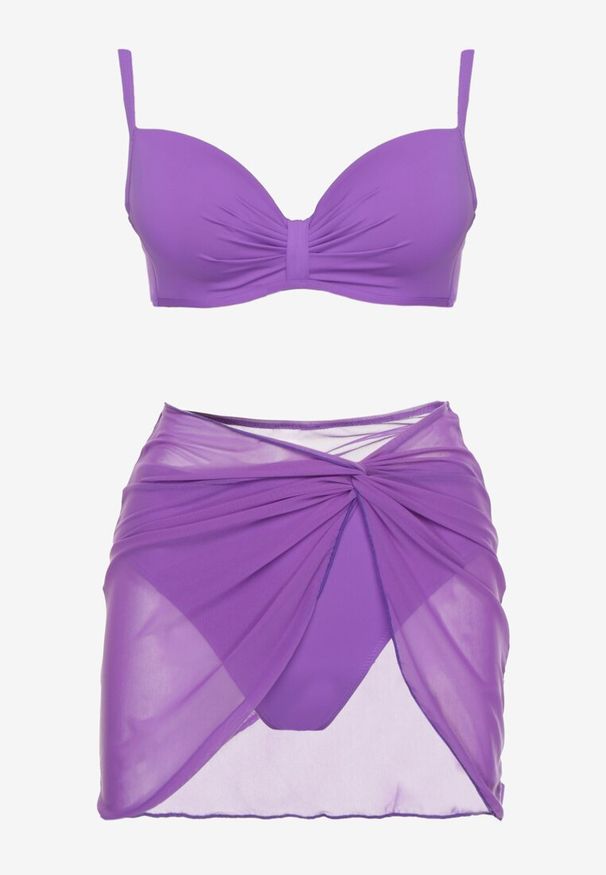 Renee - Fioletowe Bikini Majtki Typu Figi Marszczony Biustonosz i Pareo Natovena. Kolor: fioletowy