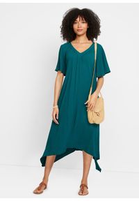 bonprix - Sukienka kaftanowa z krepy. Typ kołnierza: dekolt w serek. Kolor: niebieski. Typ sukienki: oversize #2