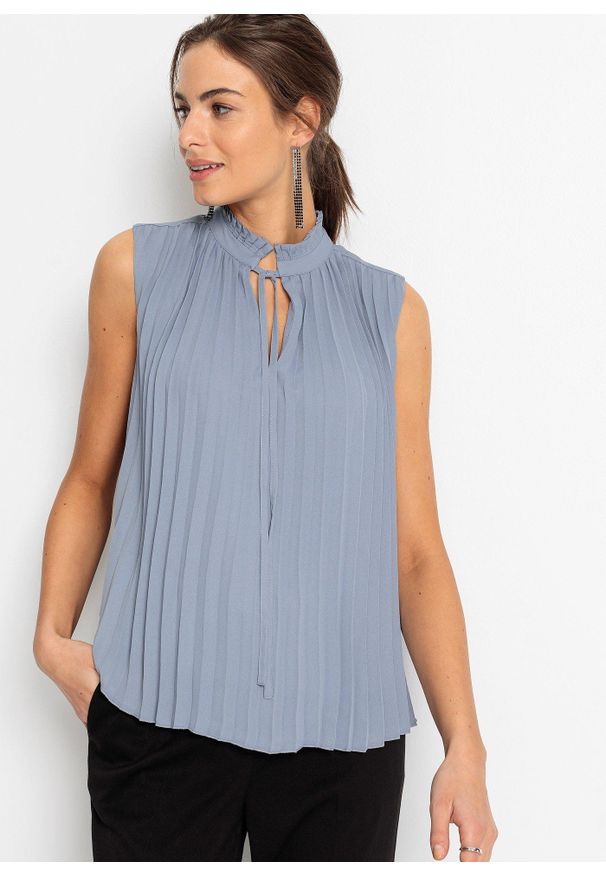 bonprix - Bluzka bez rękawów, plisowana. Kolor: niebieski. Długość rękawa: bez rękawów