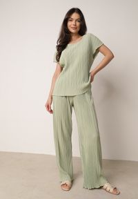 Born2be - Zielona Bluzka na Krótki Rękaw z Plisowanej Tkaniny Undirea. Okazja: do pracy, na co dzień. Kolor: zielony. Materiał: tkanina. Długość rękawa: krótki rękaw. Długość: krótkie. Styl: elegancki, klasyczny, casual #6