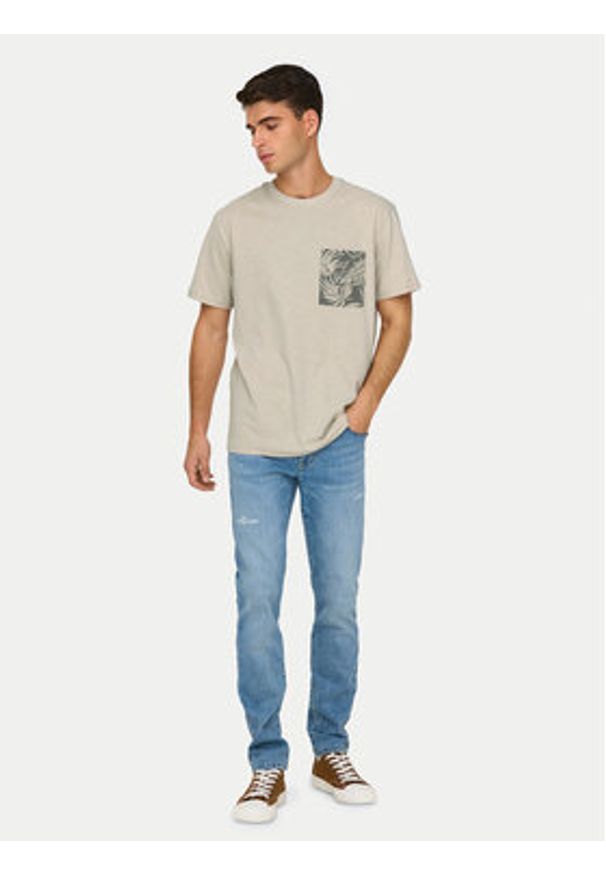 Only & Sons T-Shirt 22025286 Beżowy Regular Fit. Kolor: beżowy. Materiał: bawełna