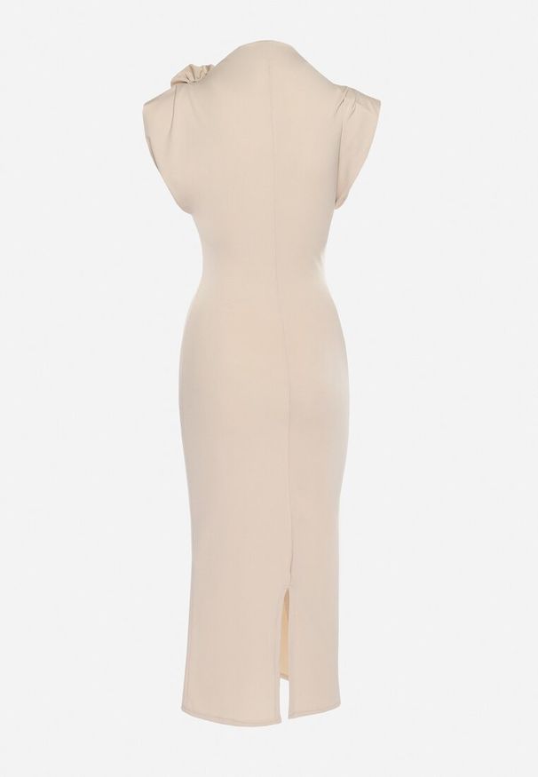 Born2be - Beżowa Sukienka Midi Dopasowana z Ozdobną Broszką w Kształcie Kwiatka Agnolia. Kolor: beżowy. Wzór: kwiaty. Styl: klasyczny. Długość: midi