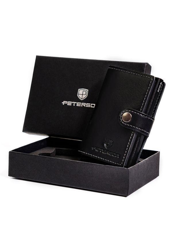 Skórzany portfel męski Peterson czarny PTN 171714101 BLACK. Kolor: czarny. Materiał: skóra. Wzór: jednolity