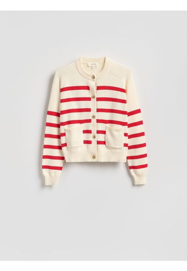 Reserved - Bawełniany kardigan w paski - czerwony. Kolor: czerwony. Materiał: bawełna. Wzór: paski