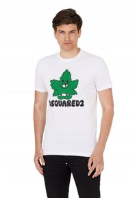 DSQUARED2 Męski biały t-shirt z zielonym liściem, Rozmiar M. Kolor: biały. Wzór: nadruk #3