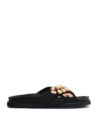 Kazar - Klapki damskie z krzyżującymi się paskami ozdobionymi cyrkoniami. Okazja: na co dzień. Kolor: czarny. Materiał: tkanina. Wzór: aplikacja. Sezon: lato. Styl: elegancki, casual #1