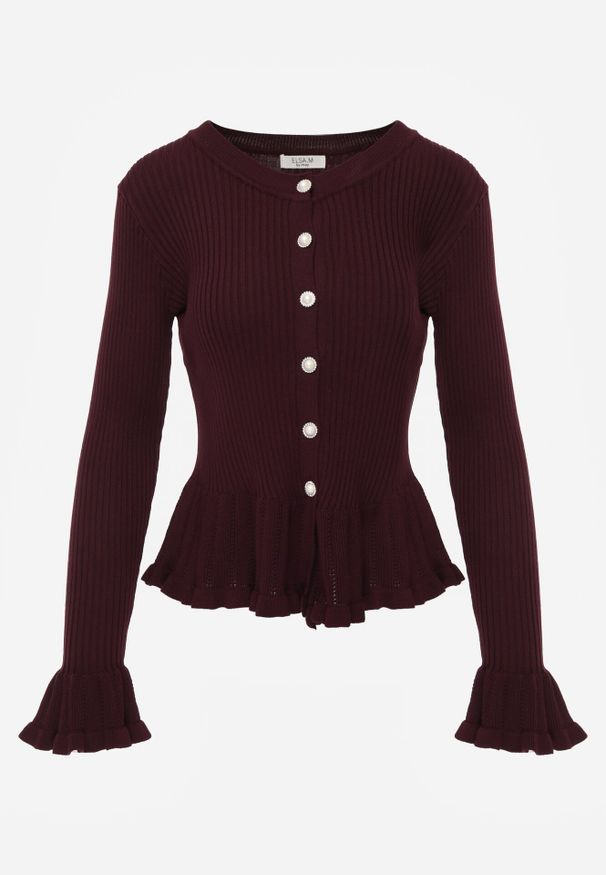 Born2be - Bordowy Elegancki Kardigan z Wiskozy z Falbankami i Guzikami z Cyrkoniami Orsea. Okazja: na co dzień. Typ kołnierza: kołnierz z falbankami. Kolor: czerwony. Materiał: wiskoza. Wzór: aplikacja. Styl: elegancki