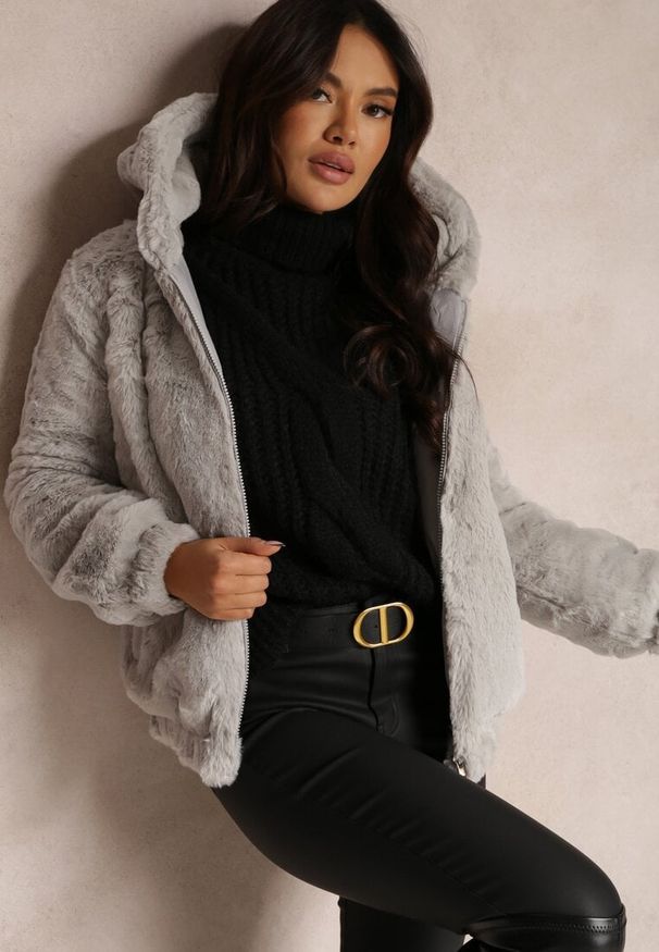 Renee - Jasnoszara Kurtka Futerko Teddy Oversize Fofana. Kolor: szary. Materiał: futro. Sezon: zima, jesień
