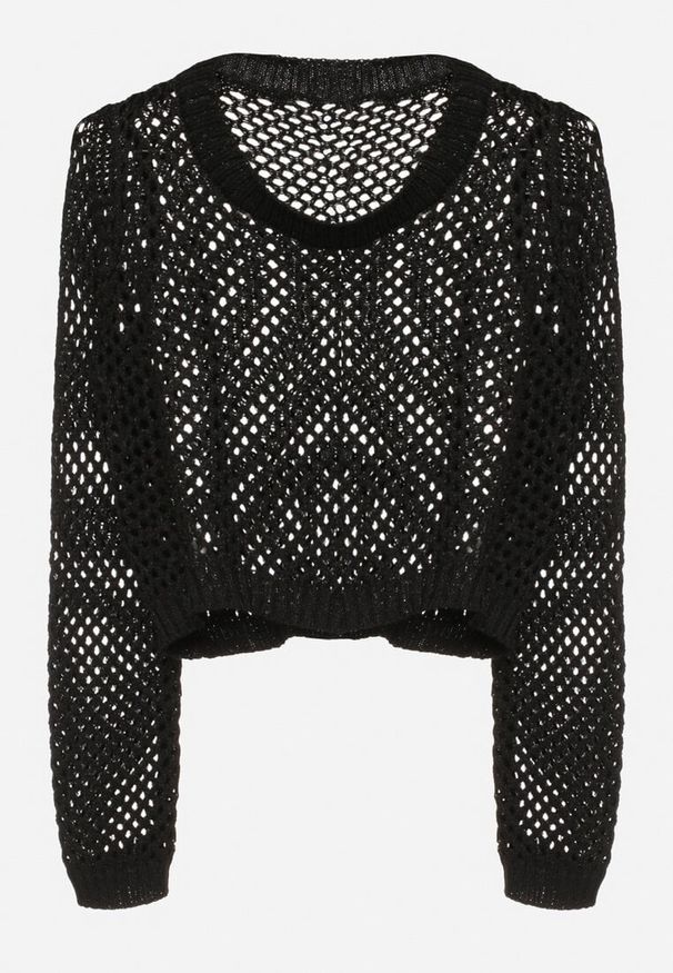 Born2be - Czarny Sweter Ażurowy o Krótkim Kroju z Metaliczną Nitką Pilliselia. Okazja: na co dzień, na spacer. Kolor: czarny. Materiał: jeans. Długość rękawa: długi rękaw. Długość: krótkie. Wzór: ażurowy. Sezon: wiosna. Styl: casual