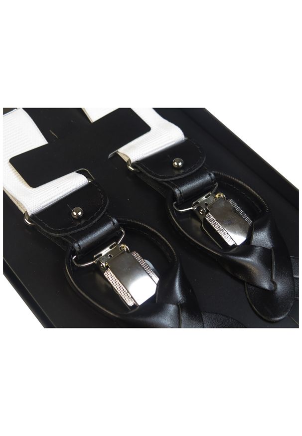 Modini - Białe szelki do spodni na guziki z czarną skórą G4. Kolor: wielokolorowy, czarny, biały. Materiał: skóra