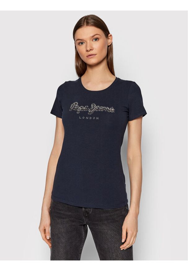 Pepe Jeans T-Shirt Beatrice PL504434 Granatowy Slim Fit. Kolor: niebieski. Materiał: bawełna