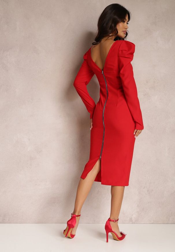 Renee - Czerwona Sukienka Taliowana z Bufiastym Rękawem Adarei. Kolor: czerwony. Styl: elegancki. Długość: midi