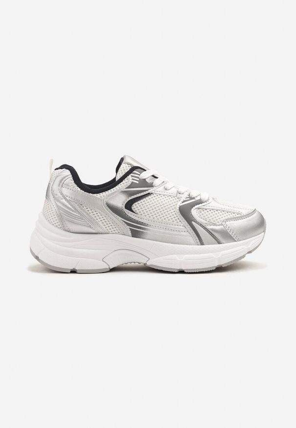Born2be - Biało-Srebrne Sneakersy z Siateczką na Piankowej Podeszwie Vallexia. Okazja: na co dzień. Nosek buta: okrągły. Kolor: biały. Materiał: jeans