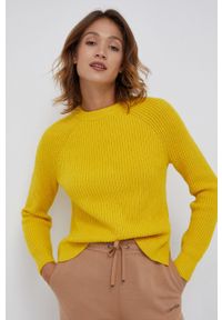 Calvin Klein Sweter wełniany damski kolor żółty. Okazja: na co dzień. Kolor: żółty. Materiał: wełna. Długość rękawa: długi rękaw. Długość: długie. Styl: casual