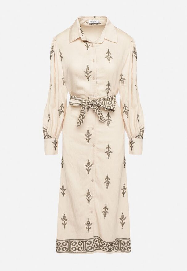 Born2be - Beżowa Wiskozowa Sukienka Koszulowa Szmizjerka z Paskiem Telandora. Okazja: na co dzień. Typ kołnierza: kołnierzyk klasyczny. Kolor: beżowy. Materiał: wiskoza. Długość rękawa: długi rękaw. Typ sukienki: szmizjerki, koszulowe. Styl: klasyczny, casual, elegancki