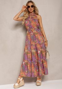Renee - Pomarańczowo-Różowa Sukienka w Stylu Boho z Gumką w Talii i Ozdobnym Wiązaniem Piofara. Kolor: pomarańczowy. Materiał: tkanina. Sezon: lato. Styl: boho