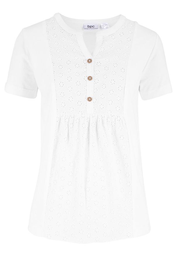 Bluzka shirtowa z haftem angielskim bonprix biały. Kolor: biały. Materiał: bawełna. Wzór: haft