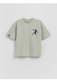 Reserved - Bawełniany t-shirt z nadrukiem - jasnoturkusowy. Kolor: turkusowy. Materiał: bawełna. Wzór: nadruk