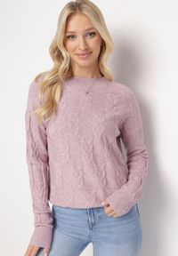 Born2be - Fioletowy Sweter o Warkoczowym Splocie z Okrągłym Dekoltem Selinera. Kolor: fioletowy. Materiał: dzianina. Wzór: ze splotem. Styl: klasyczny