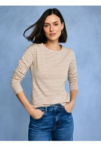 Big-Star - Bluzka damska w paski kremowa Vensa 103. Okazja: na co dzień. Kolor: kremowy. Materiał: materiał, dzianina, jeans. Długość rękawa: długi rękaw. Długość: długie. Wzór: paski. Styl: klasyczny, casual #4