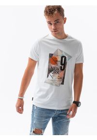 Ombre Clothing - T-shirt męski z nadrukiem S1434 V-16A - biały - XXL. Kolor: biały. Materiał: bawełna. Wzór: nadruk
