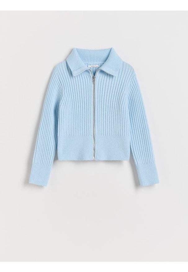 Reserved - Rozpinany sweter w prążki - jasnoniebieski. Kolor: niebieski. Materiał: dzianina. Wzór: prążki