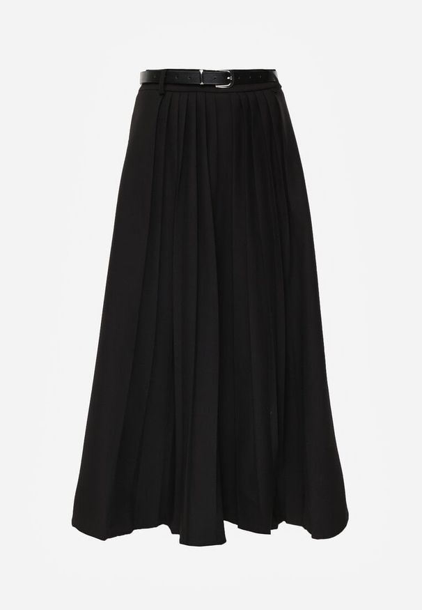 Renee - Czarna Rozkloszowana Spódnica z Wiskozy z Dodatkowym Paskiem z Klamrą Lowedina. Kolor: czarny. Materiał: wiskoza