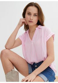 bonprix - Bluzka z krótkim rękawem z lejącej wiskozy. Kolor: różowy. Materiał: wiskoza. Długość rękawa: krótki rękaw. Długość: krótkie. Wzór: paski #1